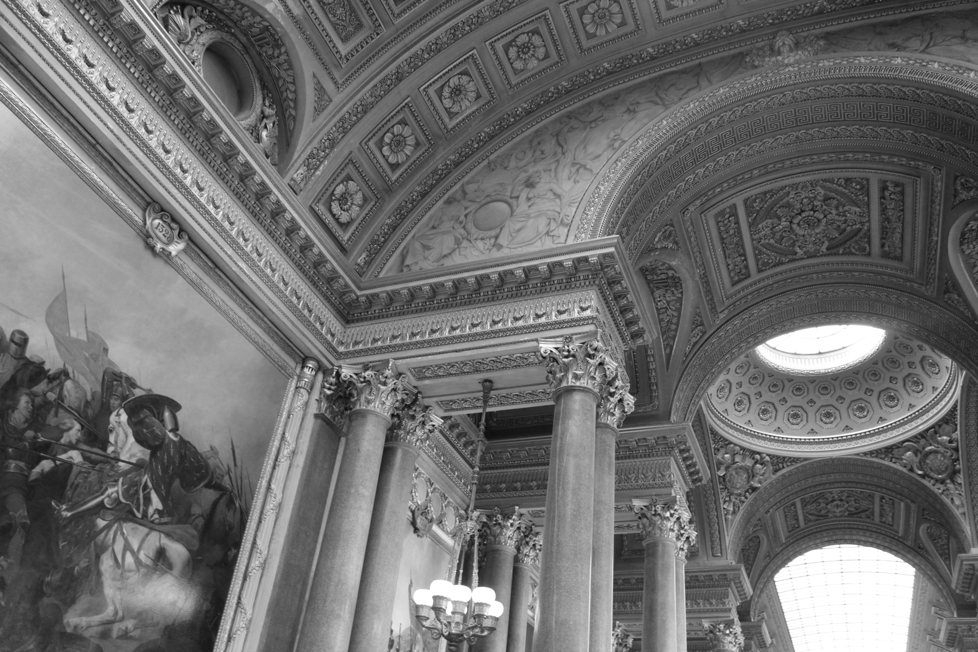 Art collectibles hero image of royal hall with embellished ceiling and black and white filter
